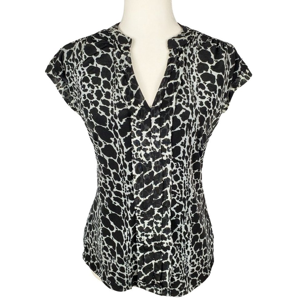 Worthington Animal Print Short Sleeve Blouse White Black Women's Medium